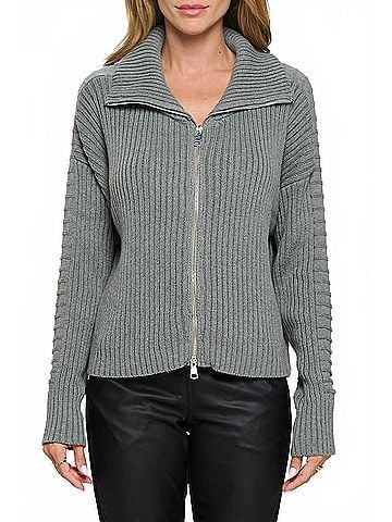 Renee Cotton Rib Zip Sweater in Heather Grey (view 2)