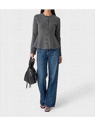 White + Warren Cashmere Peplum Cardigan in Dark Grey (view 2)
