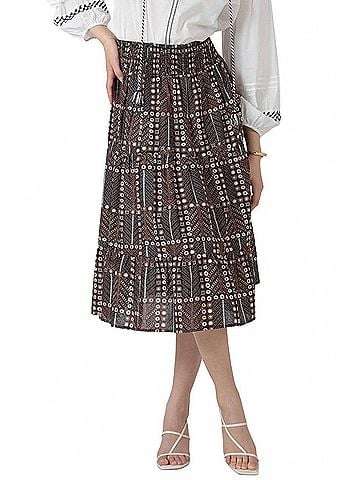 Dex Smocked Waist Midi Skirt in Brown (view 2)