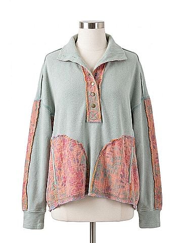 Easel Floral Print Mock Neck Washed Terry Pullover in Sage (view 1)