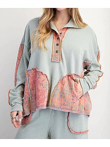Easel Floral Print Mock Neck Washed Terry Pullover in Sage (view 2)