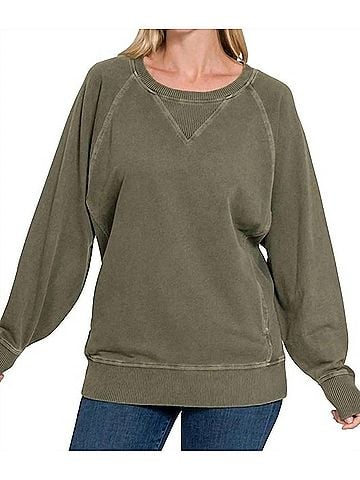 Zenana Pigment Dyed French Terry Pullover Sweater - Plus Size in Dark Olive (view 2)