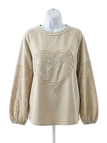 Easel Eyelet Lace Heart Patched Top in Faded Sage (view 1)