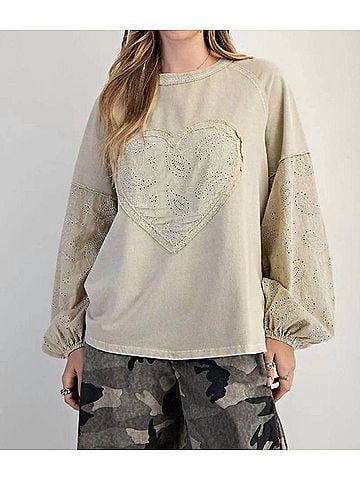 Easel Eyelet Lace Heart Patched Top in Faded Sage (view 2)
