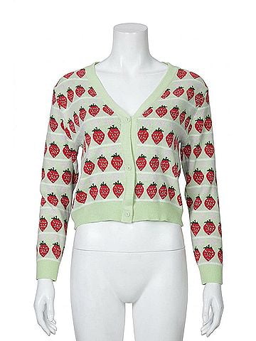 Motel Rocks Cropped Retro Strawberry Cardigan in Green (view 1)