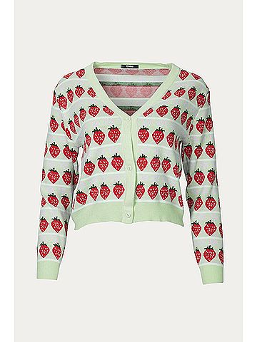 Motel Rocks Cropped Retro Strawberry Cardigan in Green (view 2)