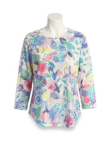 Jess & Jane Round Hem Three Quarter Sleeve Slub Top in Camelia (view 1)