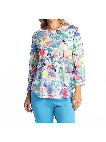 Jess & Jane Round Hem Three Quarter Sleeve Slub Top in Camelia (view 2)