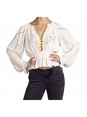 Miss Me Women's Long Puff Sleeve Knit Top in Beige (view 2)