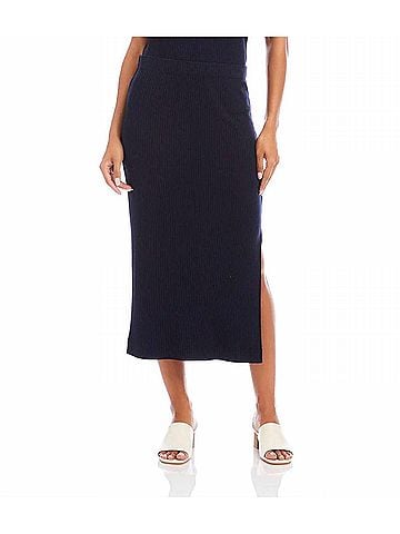 Karen Kane Ribbed Side-Slit Midi Skirt in Navy (view 2)