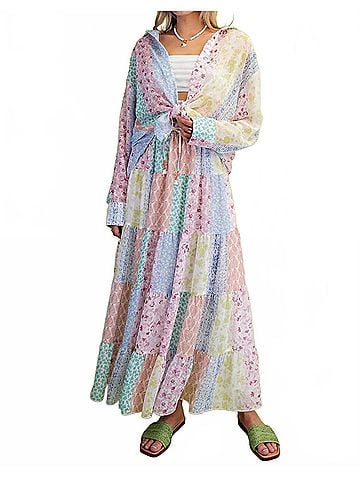 Easel Patchwork Chiffon Tiered Maxi Skirt in Multi Floral (view 2)