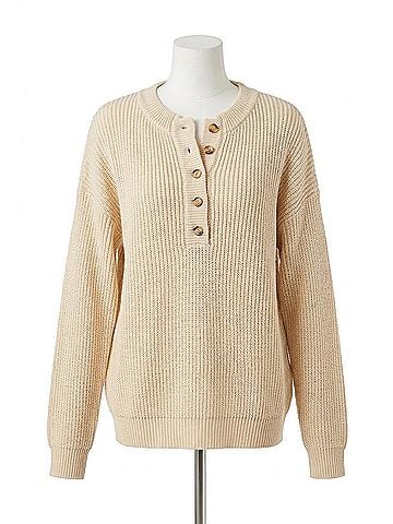Doublju Half Button-Up Sweater in Apricot (view 1)