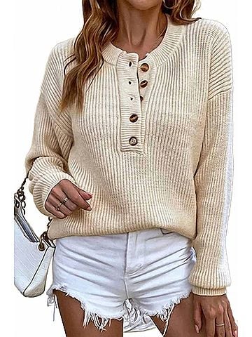 Doublju Half Button-Up Sweater in Apricot (view 2)