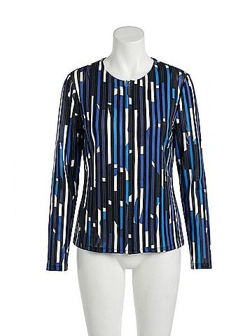 Joseph Ribkoff Mesh And Satin Geometric Print Fitted Jacket Style in Black/Blue Multi (view 1)