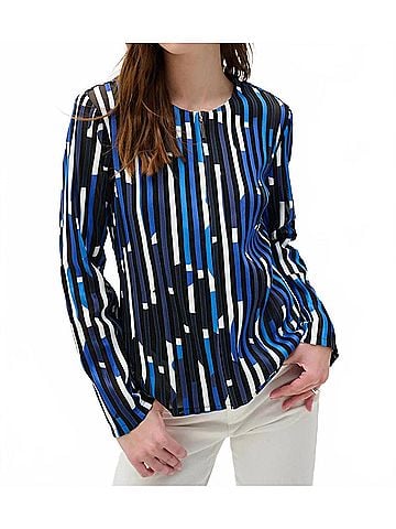 Joseph Ribkoff Mesh And Satin Geometric Print Fitted Jacket Style in Black/Blue Multi (view 2)