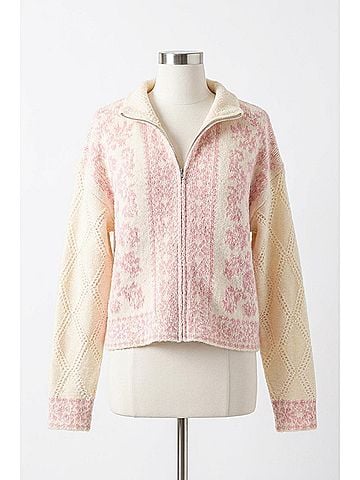 Very J Romantic Floral Zip Sweater in Oatmeal/Pink (view 1)
