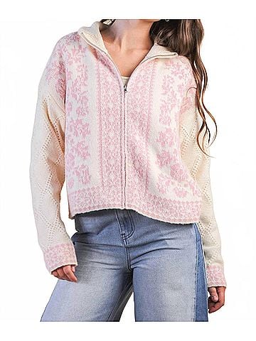 Very J Romantic Floral Zip Sweater in Oatmeal/Pink (view 2)