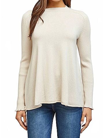 Fate Ribbed Knit Sleeve Cashmere Blend Crewneck Sweater in Cream (view 2)