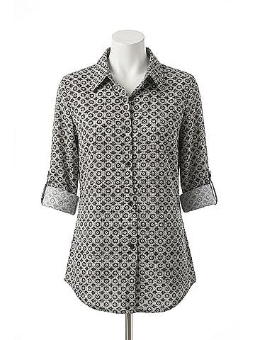 grand & greene Collared Multi Print Button Down Top in Black White (view 1)