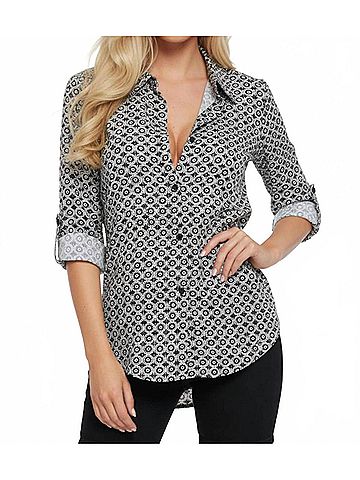 grand & greene Collared Multi Print Button Down Top in Black White (view 2)
