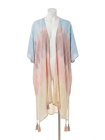 Ocean Drive Clothing Co. Daybreak Stripe Tie Dye Kimono With Tassels in Tie-Dye Print (view 1)