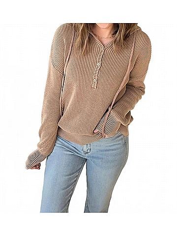 Be Cool Chunky Knit Henley Sweater in Light Brown (view 2)