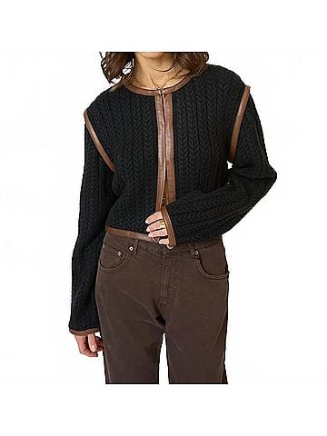 Central Park West Atlas Leather Trim Cable Cardigan in Black Combo (view 2)