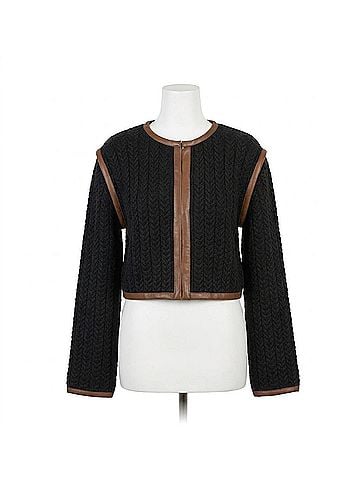 Central Park West Atlas Leather Trim Cable Cardigan in Black Combo (view 1)
