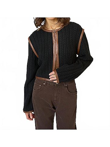 Central Park West Atlas Leather Trim Cable Cardigan in Black Combo (view 2)