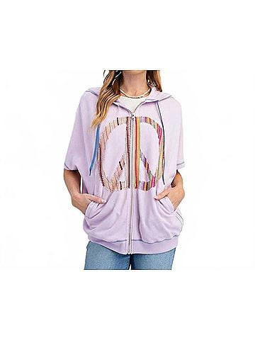 Easel Ava Peace Patch Zip Up Short Sleeve Hoodie in Lavender Milk (view 2)