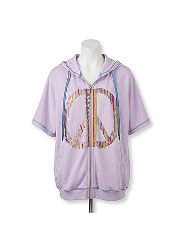 Easel Ava Peace Patch Zip Up Short Sleeve Hoodie in Lavender Milk (view 1)