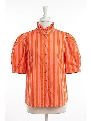 Karlie Stripe Button Up Ruffle Neck Top in Coral (view 1)