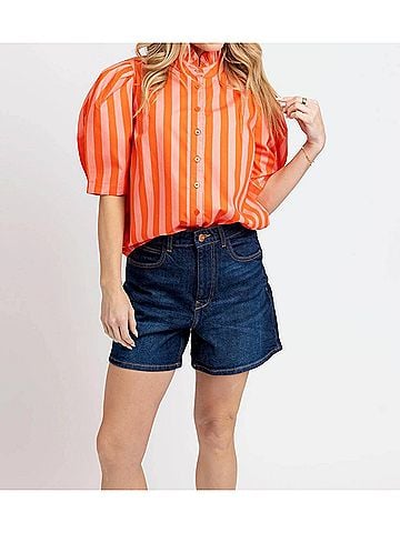 Karlie Stripe Button Up Ruffle Neck Top in Coral (view 2)