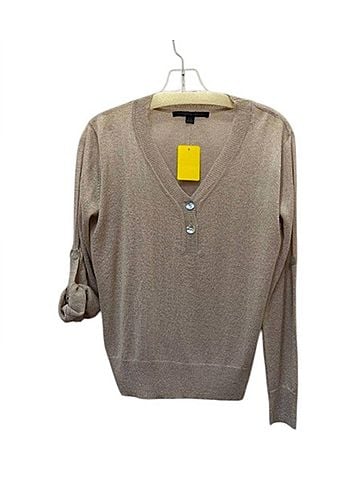 Katherine Barclay Women's Lurex Sweater With Tab Sleeves in Champagne (view 2)