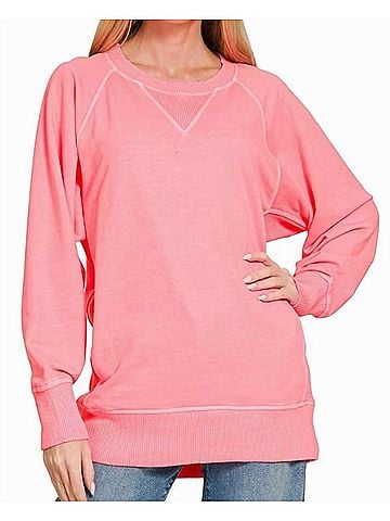 Zenana Pigment Dyed French Terry Pullover Sweater in Bright Pink (view 2)