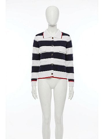 Tribal Double Knit Button-Front Stripe Cardigan in Jet Blue (view 1)