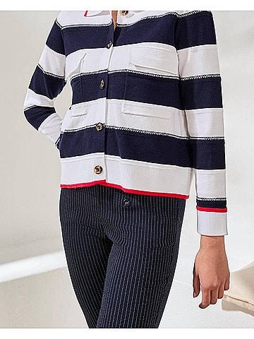 Tribal Double Knit Button-Front Stripe Cardigan in Jet Blue (view 2)