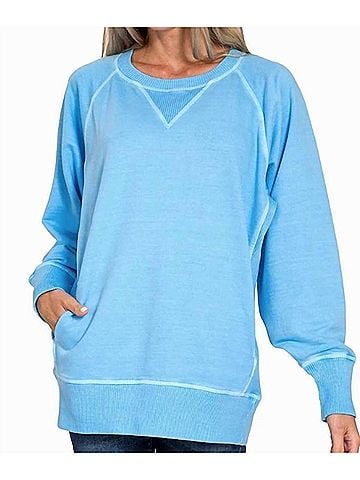 Zenana Pigment Dyed French Terry Pullover Sweater in Deep Sky (view 2)