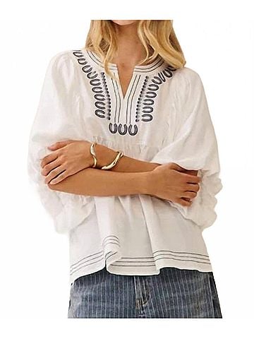 Oddi Embroidered V-Neck Top in White (view 2)