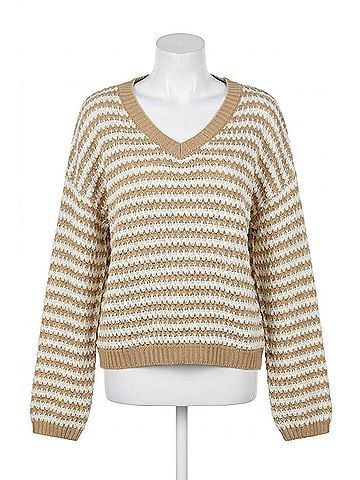 Esley Striped V-Neck Knit Sweater in Khaki/White (view 1)