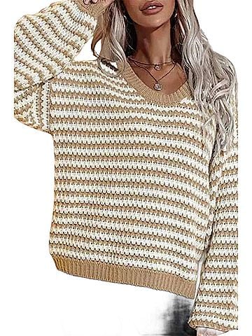 Esley Striped V-Neck Knit Sweater in Khaki/White (view 2)