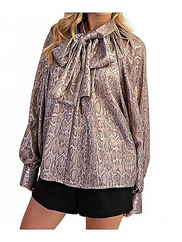 Glam Viper Bow Silky Shirt in Brown (view 2)