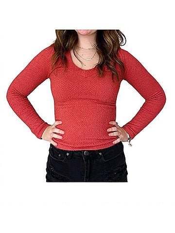 Scala Long Sleeve Furry V Neck Sweater in Atacama Rust (view 2)