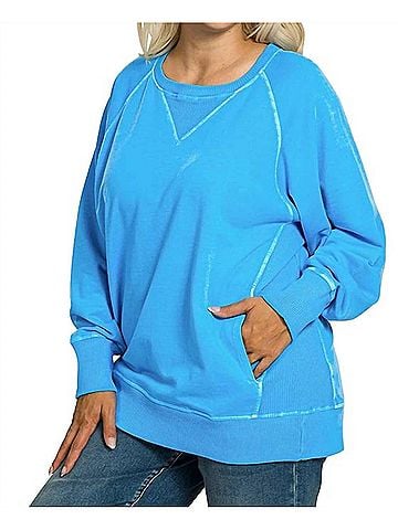 Zenana Pigment Dyed French Terry Pullover Sweater - Plus Size in Ocean Blue (view 2)