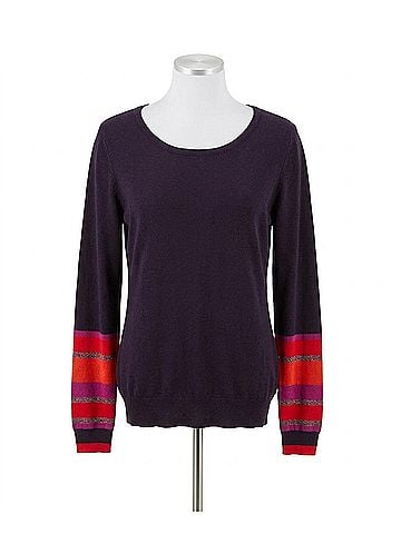 Conrad C Women's Sweater With Striped Cuffs in Plum With Red/Orange/Purple (view 1)