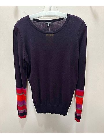 Conrad C Women's Sweater With Striped Cuffs in Plum With Red/Orange/Purple (view 2)