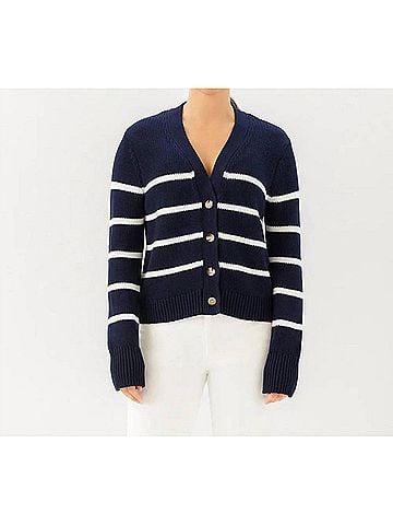 Karen Kane Stripe Sweater Cardigan in Navy With Off White (view 2)
