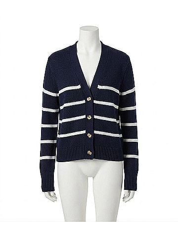 Karen Kane Stripe Sweater Cardigan in Navy With Off White (view 1)
