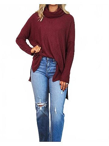 Zenana Plain And Simple Oversized Thermal Top in Dark Burgundy (view 2)