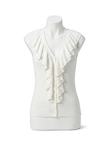 Karen Kane Sleeveless Ruffle V-Neck Sweater in Off White (view 1)